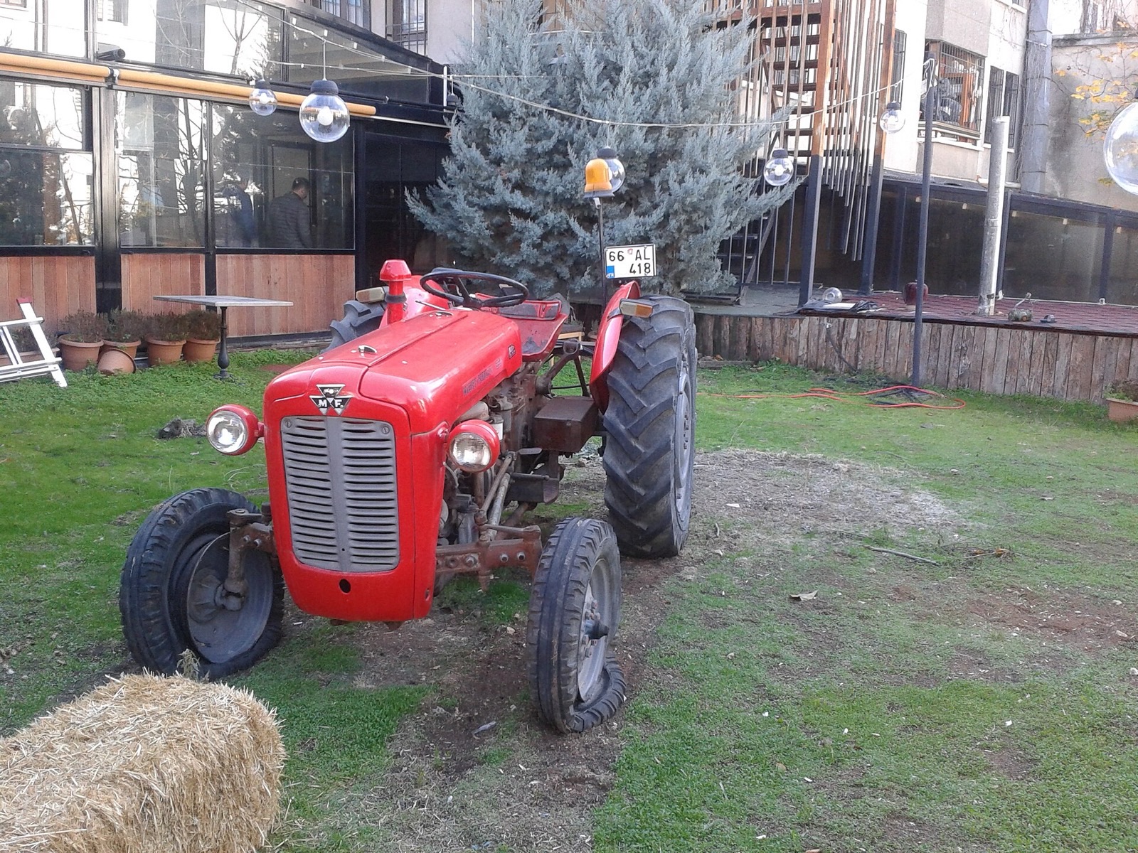 Ankara'da bir restoran bahçesinde sergilenen kırmızı eski Massey Ferguson traktör
